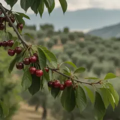 Grappoli di visciole frutto pendono da un ramo, con un uliveto sfocato sullo sfondo.