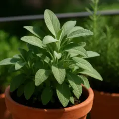 Pianta di salvia in vaso di terracotta, con altre erbe aromatiche sullo sfondo.
