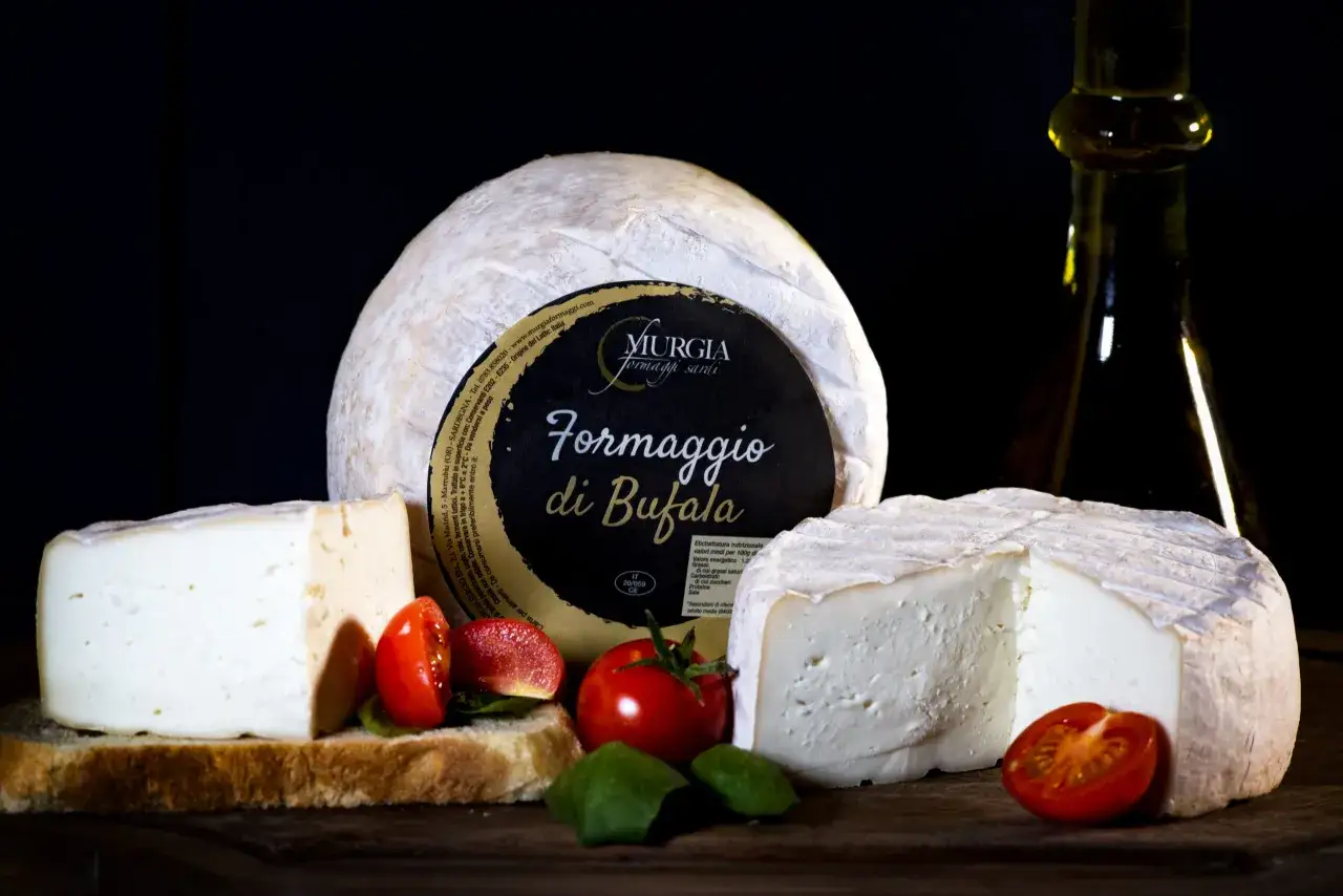 Formaggio di bufala Murgia, con pomodorini e pane. Un delizioso formaggio fresco, perfetto per un antipasto.